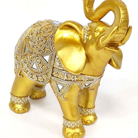 Set Of 2 Feng Shui 9”(H) Gold Color Elephants Statue With Trunk Facing Upwards - Picture 2 of 9